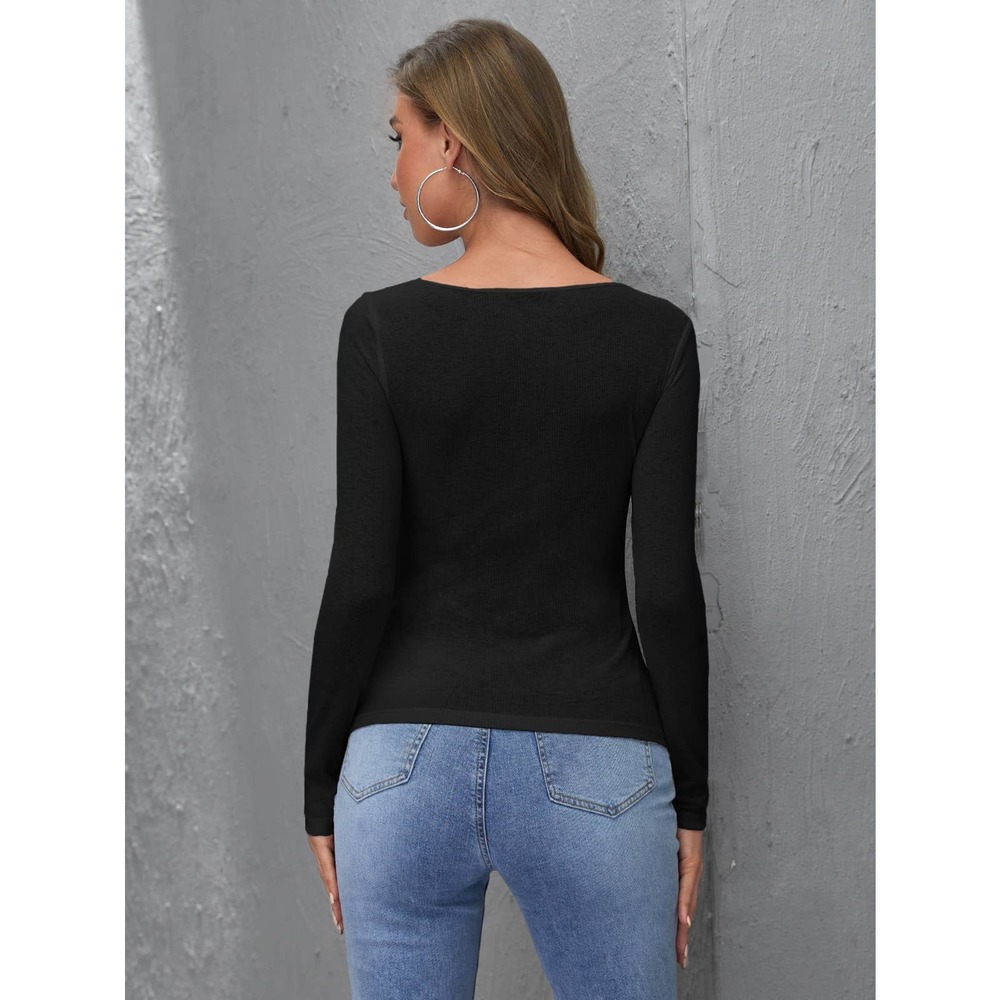 Long sleeve henley Button up Fitted Top white - Picture 4 of 11